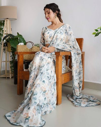 1 Min White Pastel Floral Ready To Wear Saree UK Next Day - BONYHUBSAREE