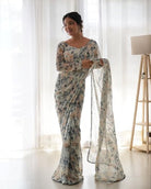 1 Min White Pastel Floral Ready To Wear Saree UK Next Day - BONYHUBSAREE