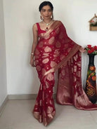 1 Min Red Cotton Silk Ready To Wear Saree UK Next Day - BONYHUBSAREE