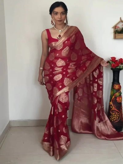 1 Min Red Cotton Silk Ready To Wear Saree UK Next Day - BONYHUBSAREE