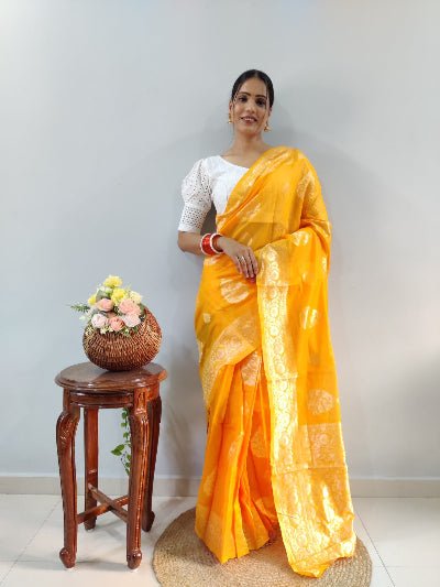 1 Min Yellow Cotton Silk Zari Ready To Wear Saree UK Next Day - BONYHUBSAREE