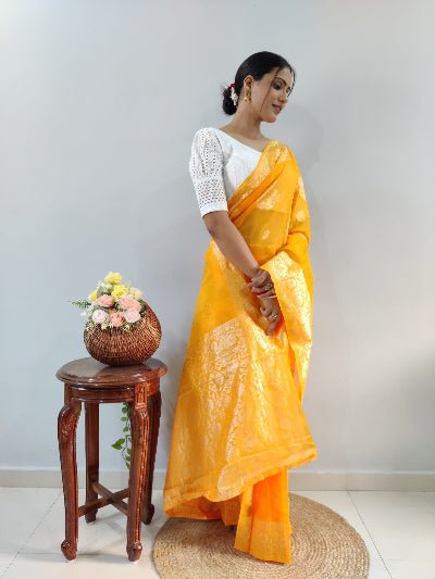 1 Min Yellow Cotton Silk Zari Ready To Wear Saree UK Next Day - BONYHUBSAREE