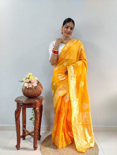 1 Min Yellow Cotton Silk Zari Ready To Wear Saree UK Next Day - BONYHUBSAREE