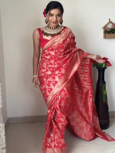 1 Min Red Gold Banarasi Ready To Wear Saree UK Next Day - BONYHUBSAREE