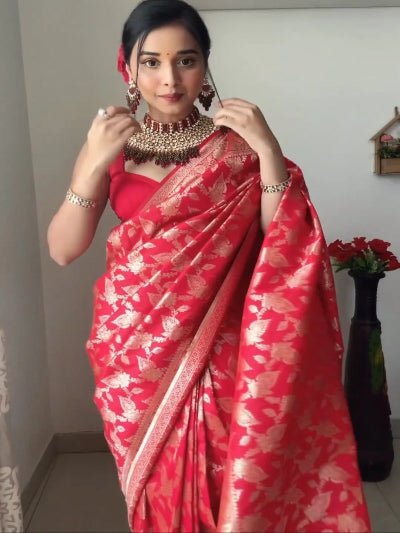 1 Min Red Gold Banarasi Ready To Wear Saree UK Next Day - BONYHUBSAREE