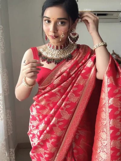 1 Min Red Gold Banarasi Ready To Wear Saree UK Next Day - BONYHUBSAREE