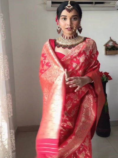 1 Min Red Gold Banarasi Ready To Wear Saree UK Next Day - BONYHUBSAREE
