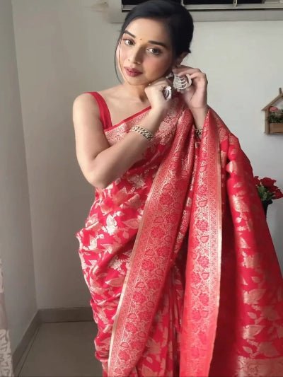 1 Min Red Gold Banarasi Ready To Wear Saree UK Next Day - BONYHUBSAREE