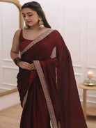 1 Min Maroon Silk Readymade Saree Stitched Blouse UK Next Day - BONYHUBSAREE