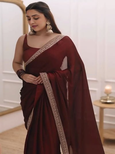 1 Min Maroon Silk Readymade Saree Stitched Blouse UK Next Day - BONYHUBSAREE