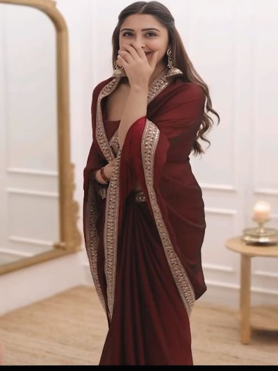 1 Min Maroon Silk Readymade Saree Stitched Blouse UK Next Day - BONYHUBSAREE