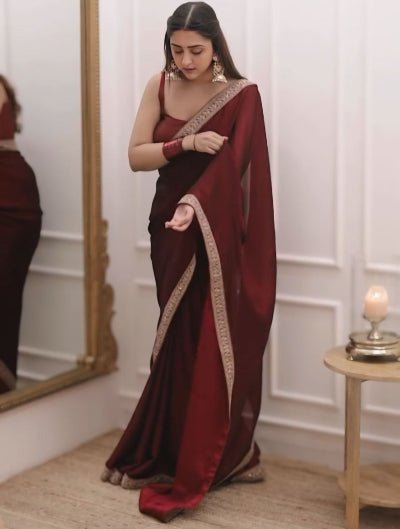 1 Min Maroon Silk Readymade Saree Stitched Blouse UK Next Day - BONYHUBSAREE