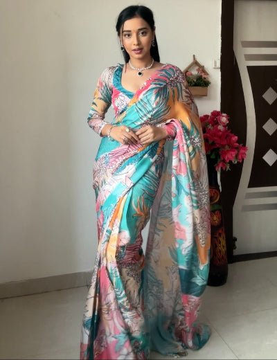 1 Min Blue Tropical Print Ready To Wear Saree - BONYHUBSAREE