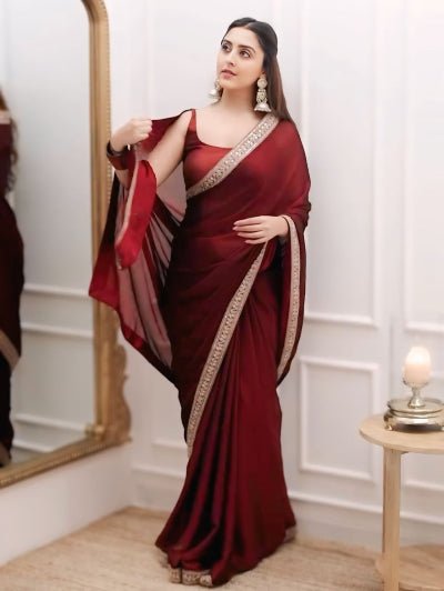 1 Min Maroon Silk Readymade Saree Stitched Blouse UK Next Day - BONYHUBSAREE