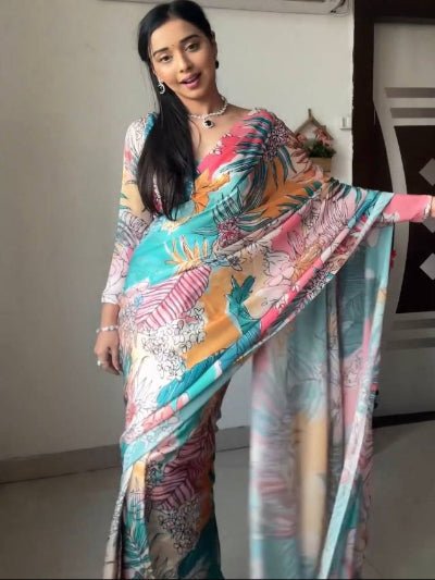 1 Min Blue Tropical Print Ready To Wear Saree - BONYHUBSAREE