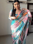1 Min Blue Tropical Print Ready To Wear Saree - BONYHUBSAREE
