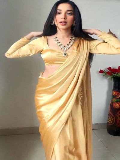 1 Min Gold Satin Silk Ready To Wear Saree UK Next DAY - BONYHUBSAREE