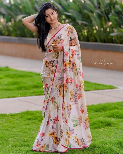 1 Min White Multicolor Floral Ready To Wear Saree - BONYHUBSAREE