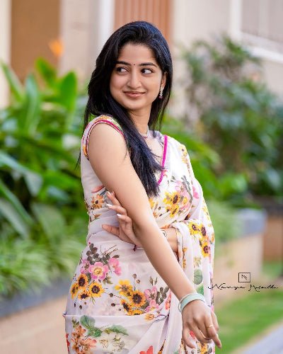 1 Min White Multicolor Floral Ready To Wear Saree - BONYHUBSAREE