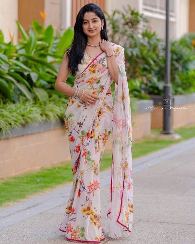 1 Min White Multicolor Floral Ready To Wear Saree - BONYHUBSAREE