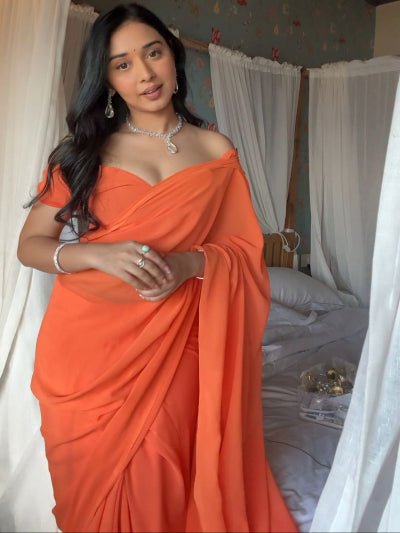 1 Min Orange Georgette Stitched Readymade Saree UK Next Day - BONYHUBSAREE