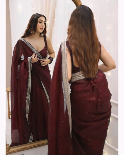 1 Min Maroon Crush Silk Readymade Saree Stitched Blouse UK Next Day - BONYHUBSAREE