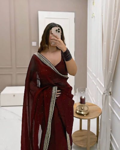 1 Min Maroon Crush Silk Readymade Saree Stitched Blouse UK Next Day - BONYHUBSAREE