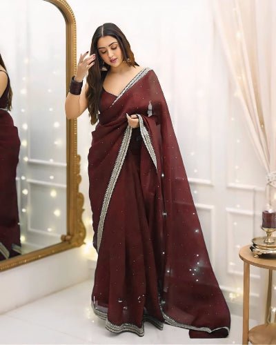 1 Min Maroon Crush Silk Readymade Saree Stitched Blouse UK Next Day - BONYHUBSAREE