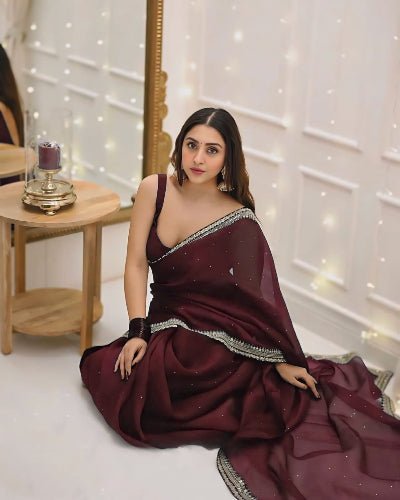 1 Min Maroon Crush Silk Readymade Saree Stitched Blouse UK Next Day - BONYHUBSAREE