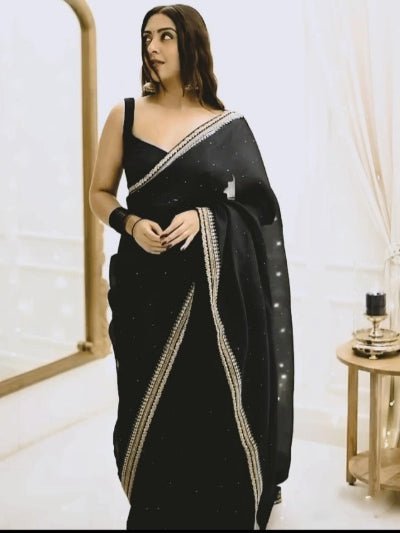 1 Min Black Crush Silk Readymade Saree Stitched Blouse UK Next Day - BONYHUBSAREE