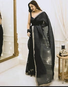 1 Min Black Crush Silk Readymade Saree Stitched Blouse UK Next Day - BONYHUBSAREE