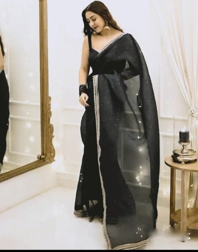 1 Min Black Crush Silk Readymade Saree Stitched Blouse UK Next Day - BONYHUBSAREE