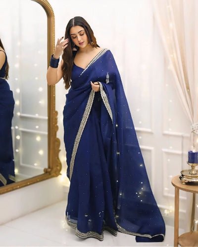 1 Min Peacock Blue Readymade Saree Stitched Blouse UK Next Day - BONYHUBSAREE
