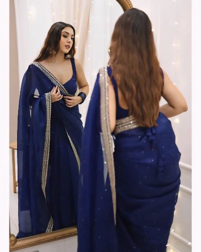 1 Min Peacock Blue Readymade Saree Stitched Blouse UK Next Day - BONYHUBSAREE