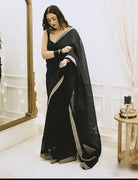 1 Min Black Crush Silk Readymade Saree Stitched Blouse UK Next Day - BONYHUBSAREE