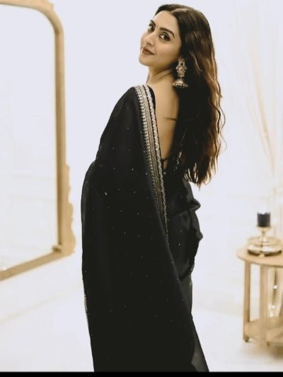 1 Min Black Crush Silk Readymade Saree Stitched Blouse UK Next Day - BONYHUBSAREE