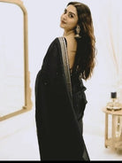 1 Min Black Crush Silk Readymade Saree Stitched Blouse UK Next Day - BONYHUBSAREE