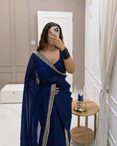 1 Min Peacock Blue Readymade Saree Stitched Blouse UK Next Day - BONYHUBSAREE