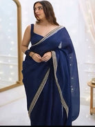 1 Min Peacock Blue Readymade Saree Stitched Blouse UK Next Day - BONYHUBSAREE