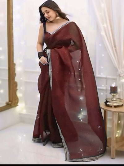 1 Min Maroon Crush Silk Readymade Saree Stitched Blouse UK Next Day - BONYHUBSAREE