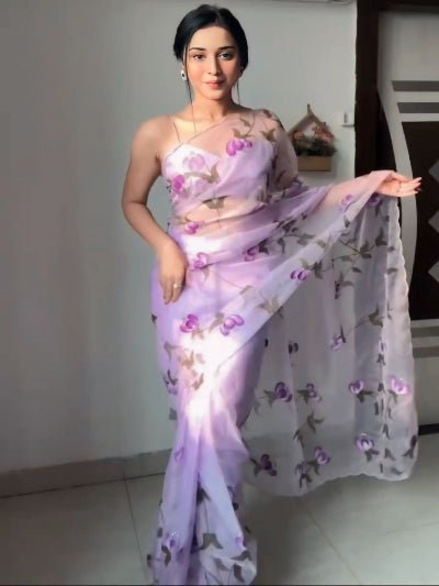 1 Min Lilac Organza Floral Ready To Wear Saree - BONYHUBSAREE