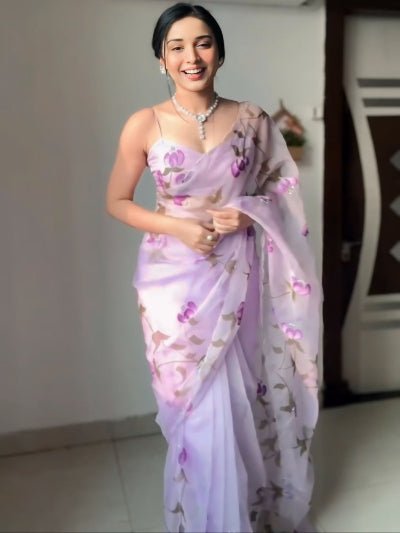 1 Min Lilac Organza Floral Ready To Wear Saree - BONYHUBSAREE