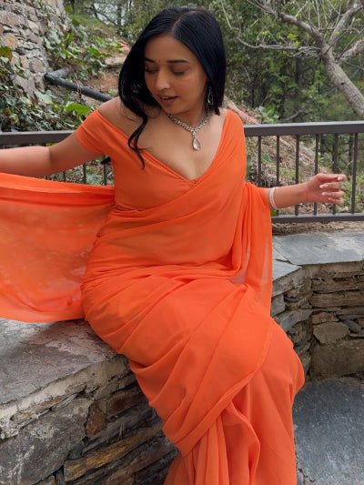 1 Min Orange Georgette Stitched Readymade Saree UK Next Day - BONYHUBSAREE