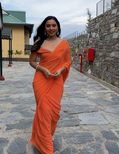 1 Min Orange Georgette Stitched Readymade Saree UK Next Day - BONYHUBSAREE