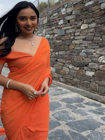 1 Min Orange Georgette Stitched Readymade Saree UK Next Day - BONYHUBSAREE