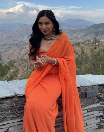 1 Min Orange Georgette Stitched Readymade Saree UK Next Day - BONYHUBSAREE