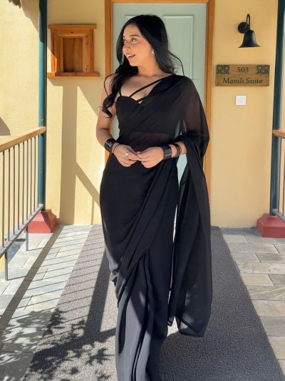 1 Min Black Georgette Stitched Readymade Saree UK Next Day - BONYHUBSAREE
