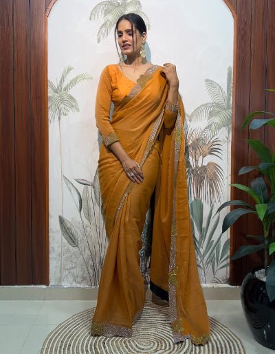 1 Min Mustard Moss Silk Readymade Saree With FREE Blouse - BONYHUBSAREE