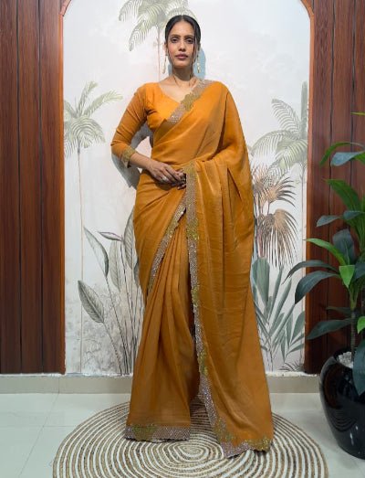 1 Min Mustard Moss Silk Readymade Saree With FREE Blouse - BONYHUBSAREE