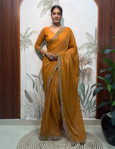 1 Min Mustard Moss Silk Readymade Saree With FREE Blouse - BONYHUBSAREE